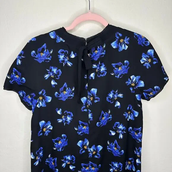 Proenza Schouler Floral Print Blue Black Tie Back Short Sleeve Mini Shift Dress - Picture 10 of 16